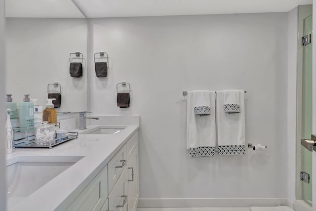 bathroom with tile patterned flooring, vanity, and a shower with door