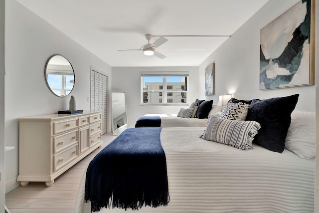 bedroom featuring ceiling fan and light hardwood / wood-style floors