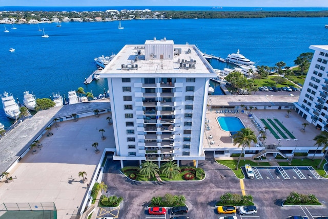 aerial view featuring a water view