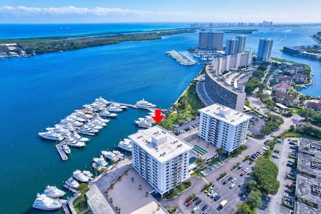 birds eye view of property featuring a water view