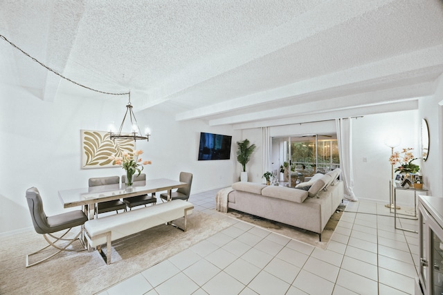 tiled living room with a textured ceiling, an inviting chandelier, and beamed ceiling