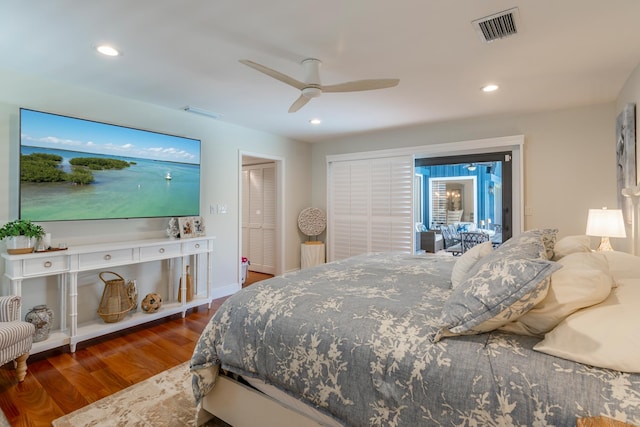 bedroom featuring wood-type flooring and ceiling fan