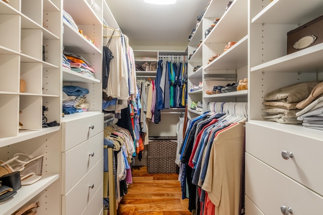 walk in closet with light hardwood / wood-style flooring