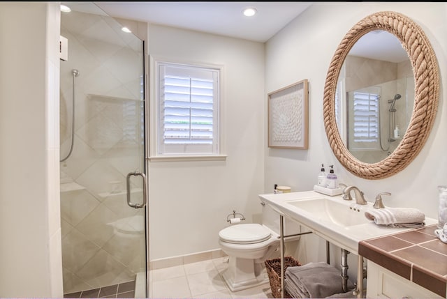 bathroom featuring tile patterned floors, an enclosed shower, and toilet