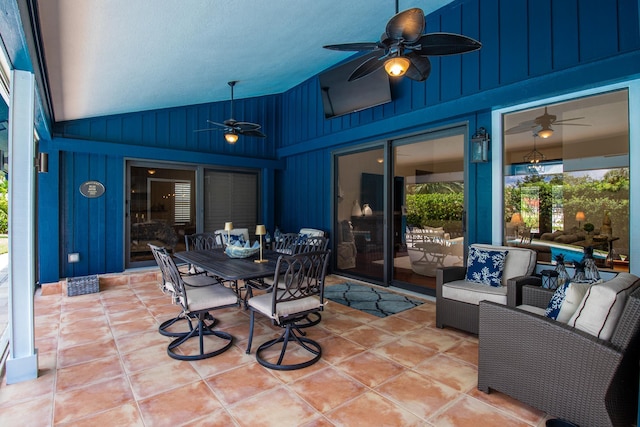 view of patio featuring ceiling fan and an outdoor hangout area