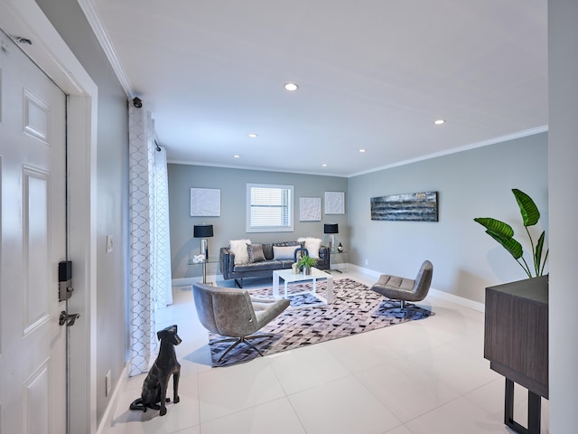 living room with crown molding and light tile patterned floors