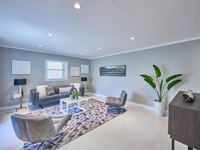 living room with light tile patterned flooring and crown molding