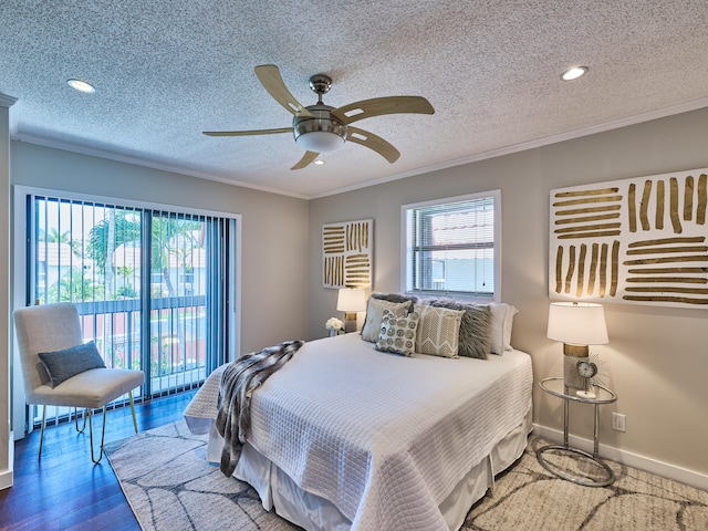 bedroom featuring a textured ceiling, access to exterior, ceiling fan, crown molding, and hardwood / wood-style flooring