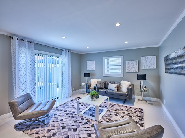 tiled living room with ornamental molding