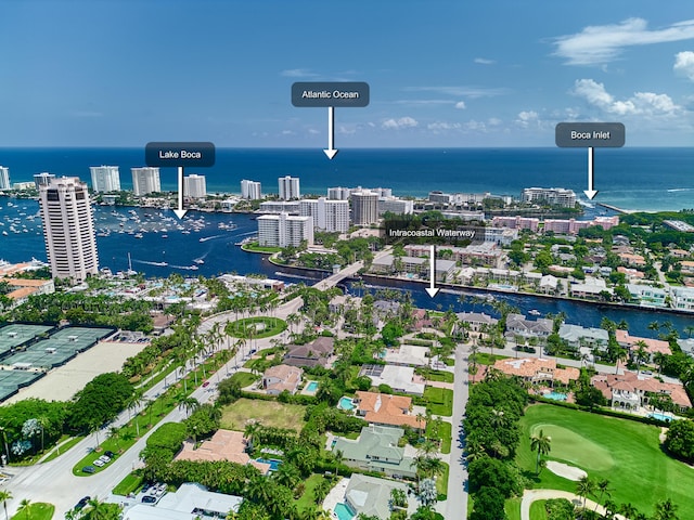 drone / aerial view with a water view