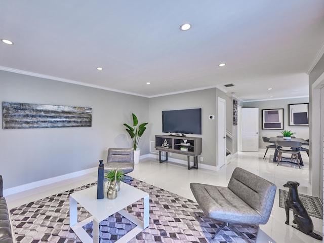 living room with light tile patterned floors and crown molding