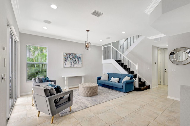 living room with baseboards, visible vents, ornamental molding, stairs, and recessed lighting