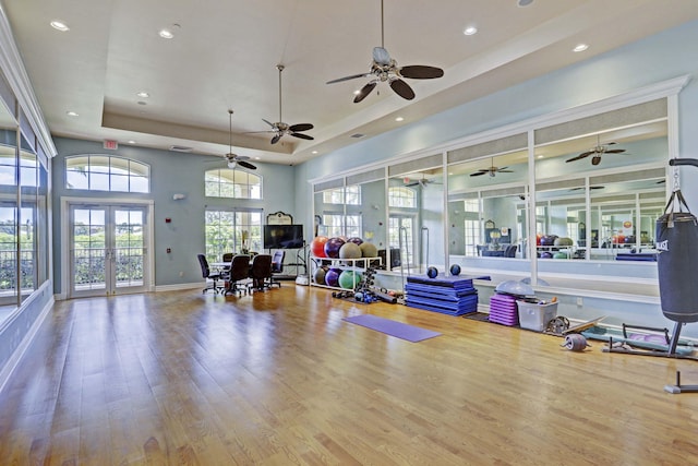 workout area featuring baseboards, a raised ceiling, wood finished floors, a high ceiling, and french doors