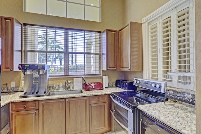 kitchen featuring light stone counters, stainless steel appliances, plenty of natural light, and sink