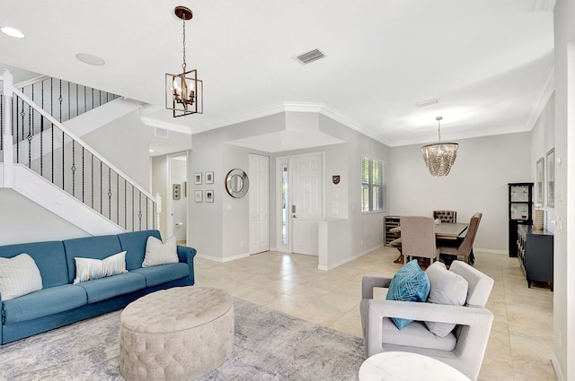 tiled living room with crown molding and a chandelier