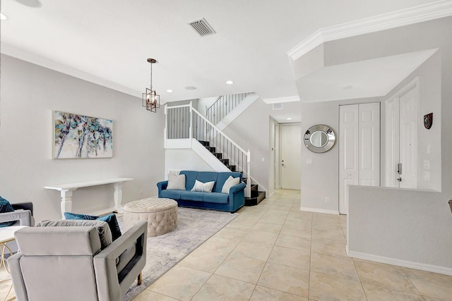 living room with light tile patterned floors, an inviting chandelier, and ornamental molding