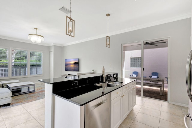 kitchen featuring sink, white cabinets, hanging light fixtures, ceiling fan, and stainless steel dishwasher