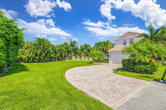 view of yard featuring a garage and decorative driveway