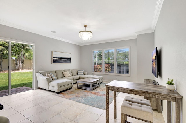 tiled living room with an inviting chandelier, a healthy amount of sunlight, and crown molding