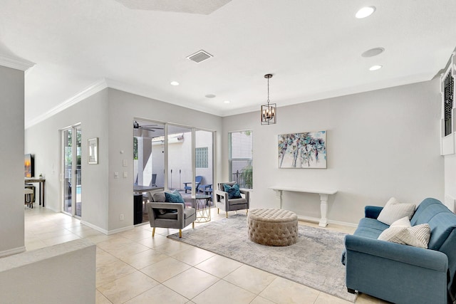 tiled living room with ceiling fan, crown molding, and a healthy amount of sunlight