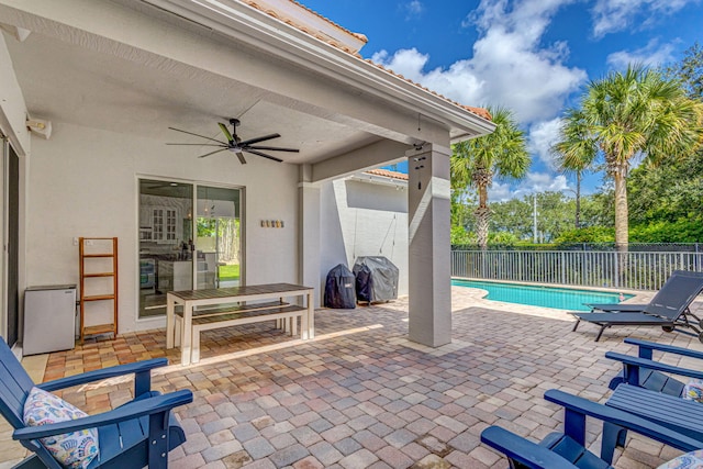 view of patio / terrace with a fenced in pool, ceiling fan, and grilling area