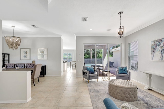 living room featuring light tile patterned floors, baseboards, visible vents, and ornamental molding