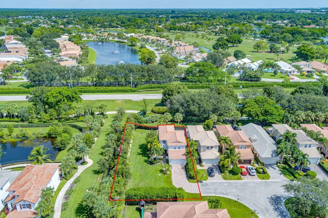 aerial view with a water view and a residential view