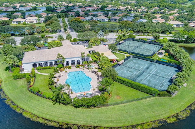 aerial view featuring a water view