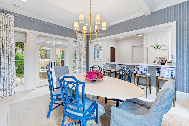 dining room with beamed ceiling, light tile patterned floors, crown molding, and an inviting chandelier