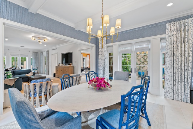 dining space with french doors, beamed ceiling, a notable chandelier, crown molding, and light tile patterned floors