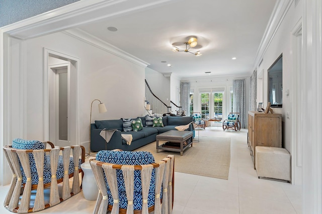 tiled living room featuring crown molding