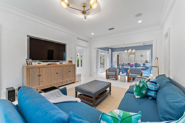 living room with carpet, ornamental molding, and an inviting chandelier