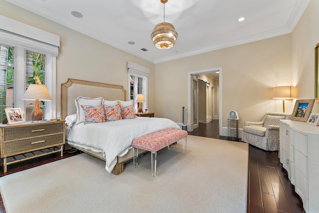 bedroom featuring dark hardwood / wood-style flooring and ornamental molding