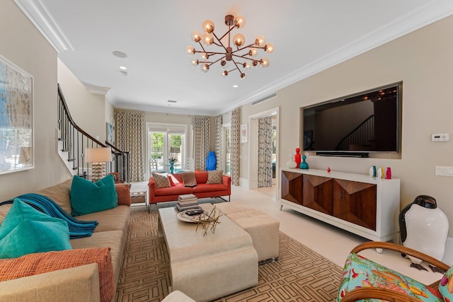 carpeted living room featuring a notable chandelier and crown molding