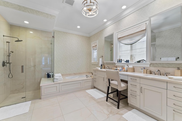 bathroom featuring vanity, independent shower and bath, and crown molding