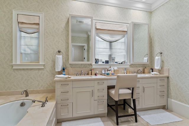 bathroom with a wealth of natural light, crown molding, tile patterned flooring, and vanity