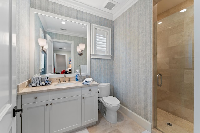 bathroom with vanity, tile patterned floors, crown molding, toilet, and an enclosed shower