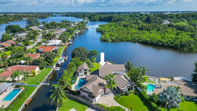 drone / aerial view with a water view