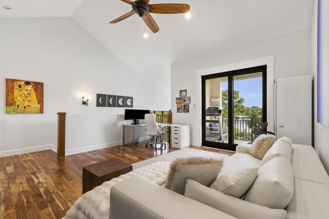 6787 Bayshore Dr, Lake Worth, FL 33462 - living room with wood finished floors, high vaulted ceiling, a ceiling fan, and baseboards