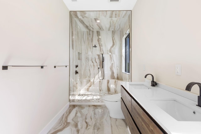 6787 Bayshore Dr, Lake Worth, FL 33462 - full bathroom featuring toilet, a marble finish shower, marble tiled flooring, double vanity, and baseboards