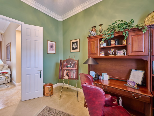 office space with ornamental molding and light carpet