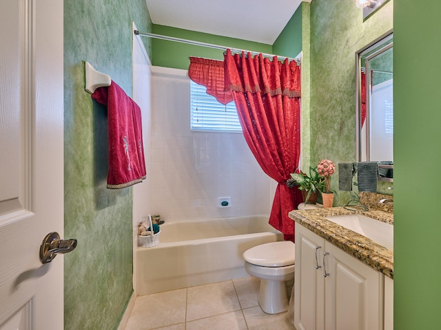 full bathroom with toilet, vanity, tile patterned floors, and shower / bathtub combination with curtain