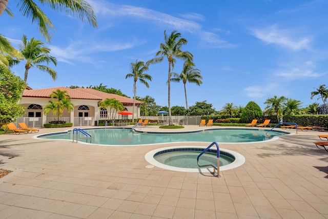 view of pool with a patio and a hot tub