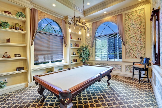 playroom with carpet, built in features, ornamental molding, and pool table