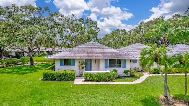 ranch-style home with a front lawn and stucco siding