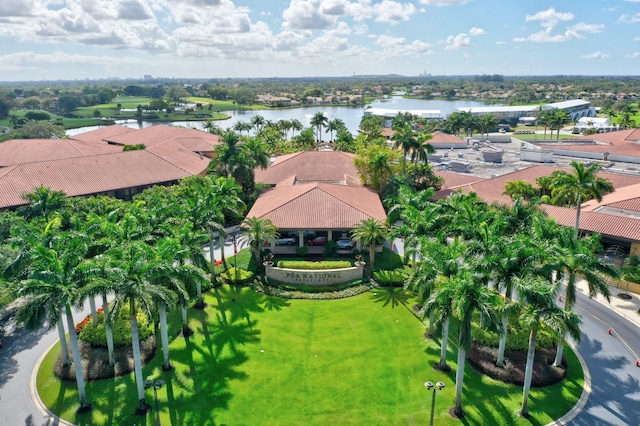 drone / aerial view with a water view