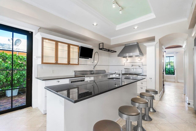 kitchen featuring decorative backsplash, wall chimney exhaust hood, an island with sink, a raised ceiling, and crown molding