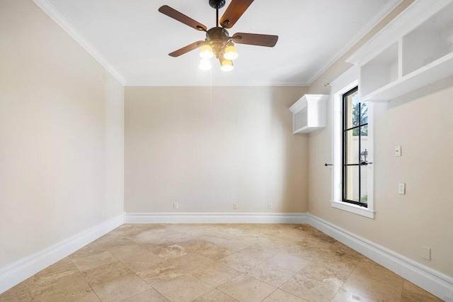 unfurnished room with baseboards, ornamental molding, and ceiling fan