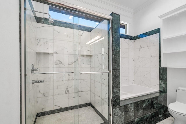 bathroom featuring a wealth of natural light, crown molding, a shower stall, and toilet