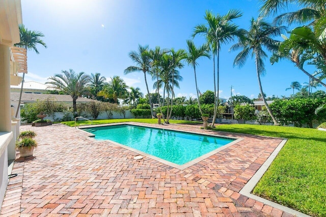 view of pool featuring a fenced in pool, a patio area, and a lawn